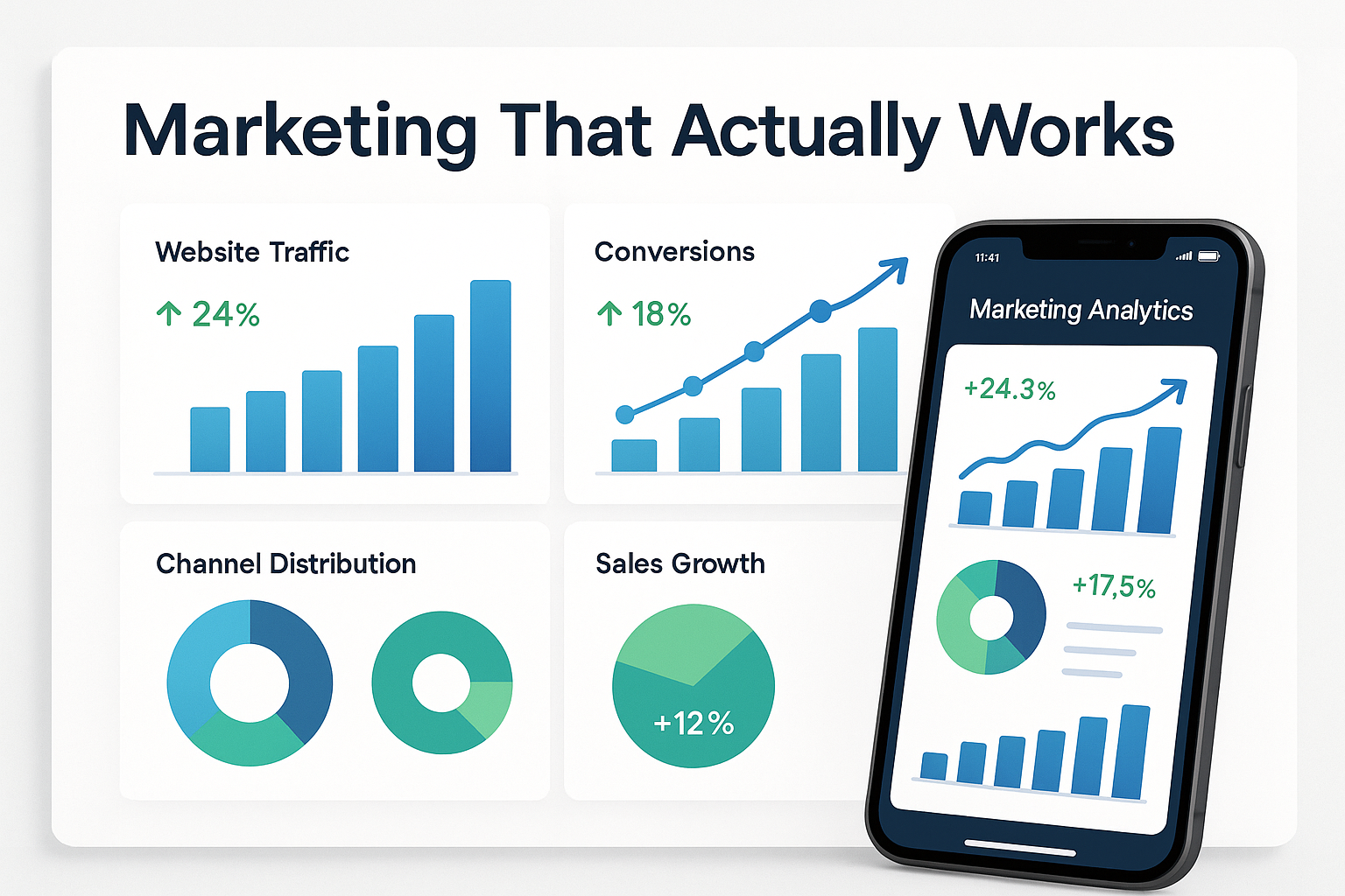 create me a analytic chart that says marketing that actually works with a phone